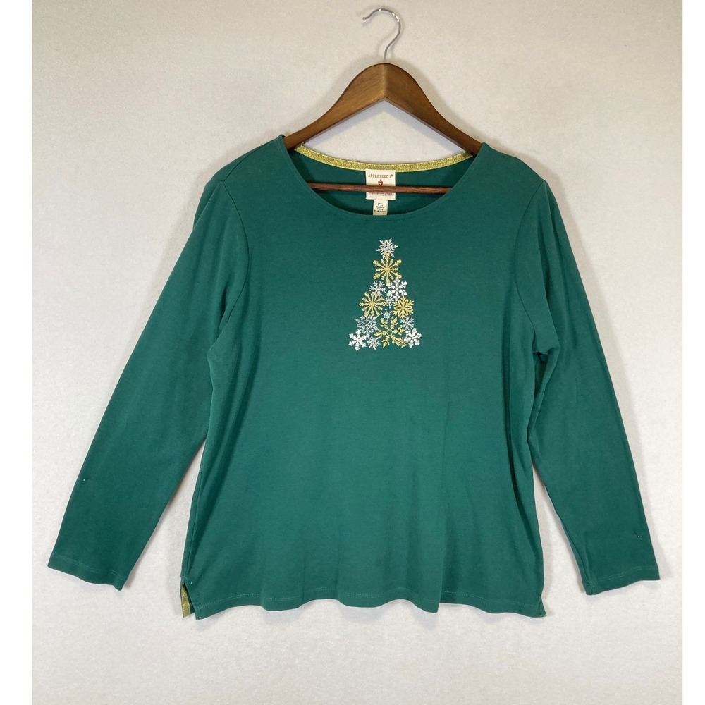 Festive Holiday Appleseed's Womens PL Green Snowflake Christmas Tree Cotton Top